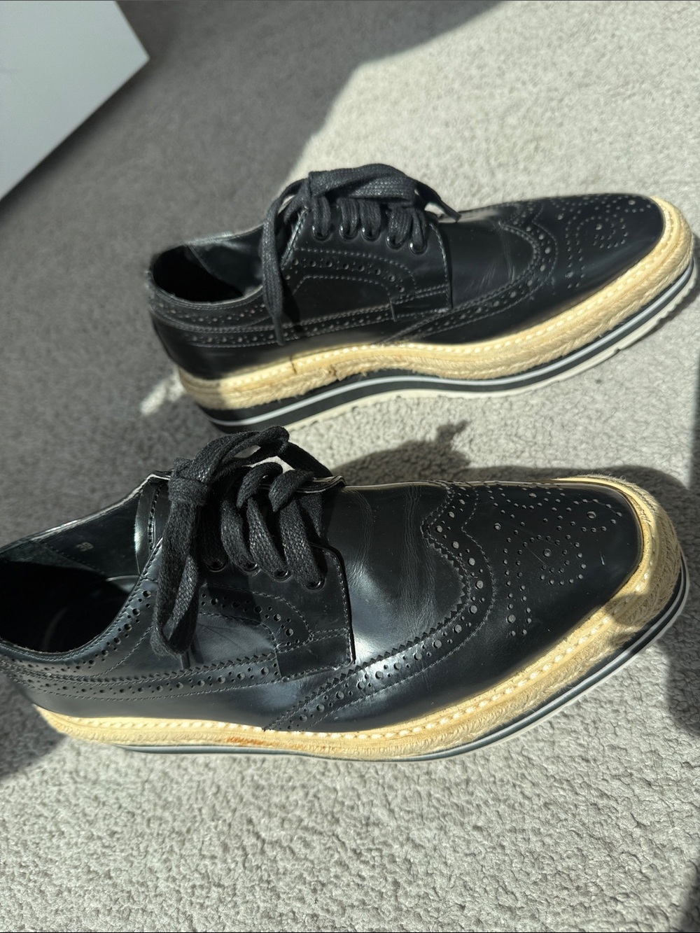 Prada Black Leather Brogues with Natural Tan Platform Sole - Picture 3 of 16